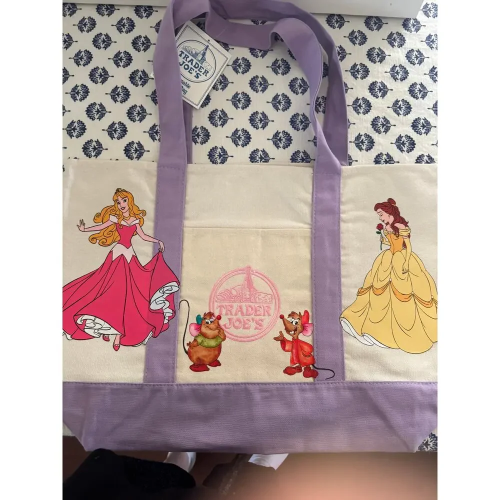 Disney Princess Custom Made Trader Joes Large Purple Tote Belle, Ariel, Rapunzel